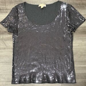 Michael Kors Womens XL Black Sequin Short Sleeve Scoop Neck Top Party Blouse